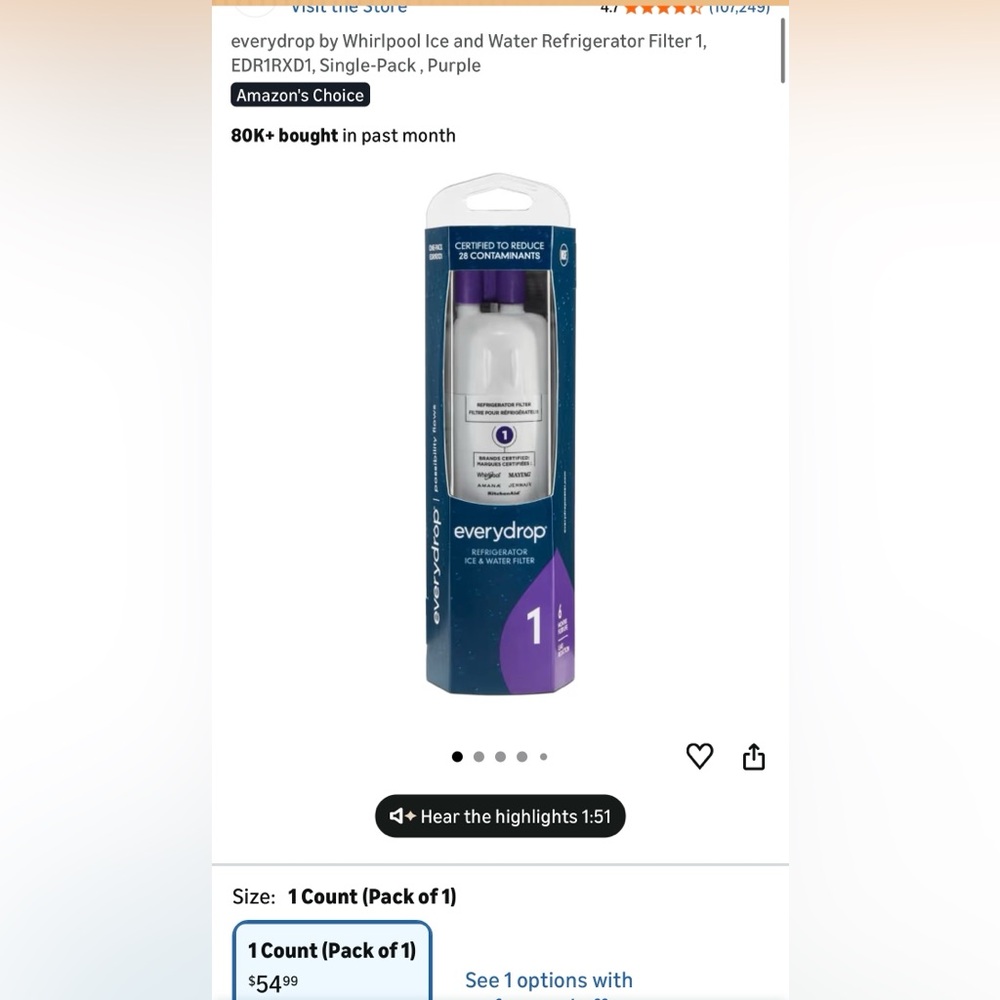 Refrigerator ice water filter everydrop by whirlpool Replacement filter EDR1RXD1